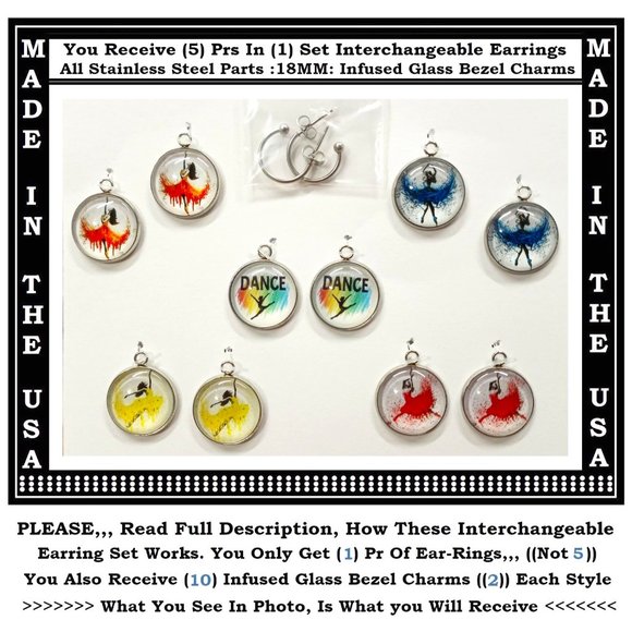 5/$20 Ballet Dance Team Sports Interchangeable Charm Earrings-5 Pairs in Set - Picture 1 of 6